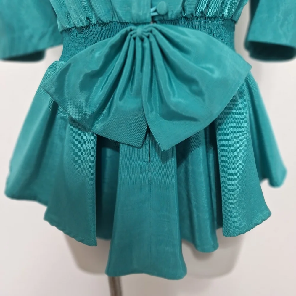 Watters & Watters Green Victorian Puff Sleeves Front Bow Peplum Top Size 14 - Picture 3 of 14